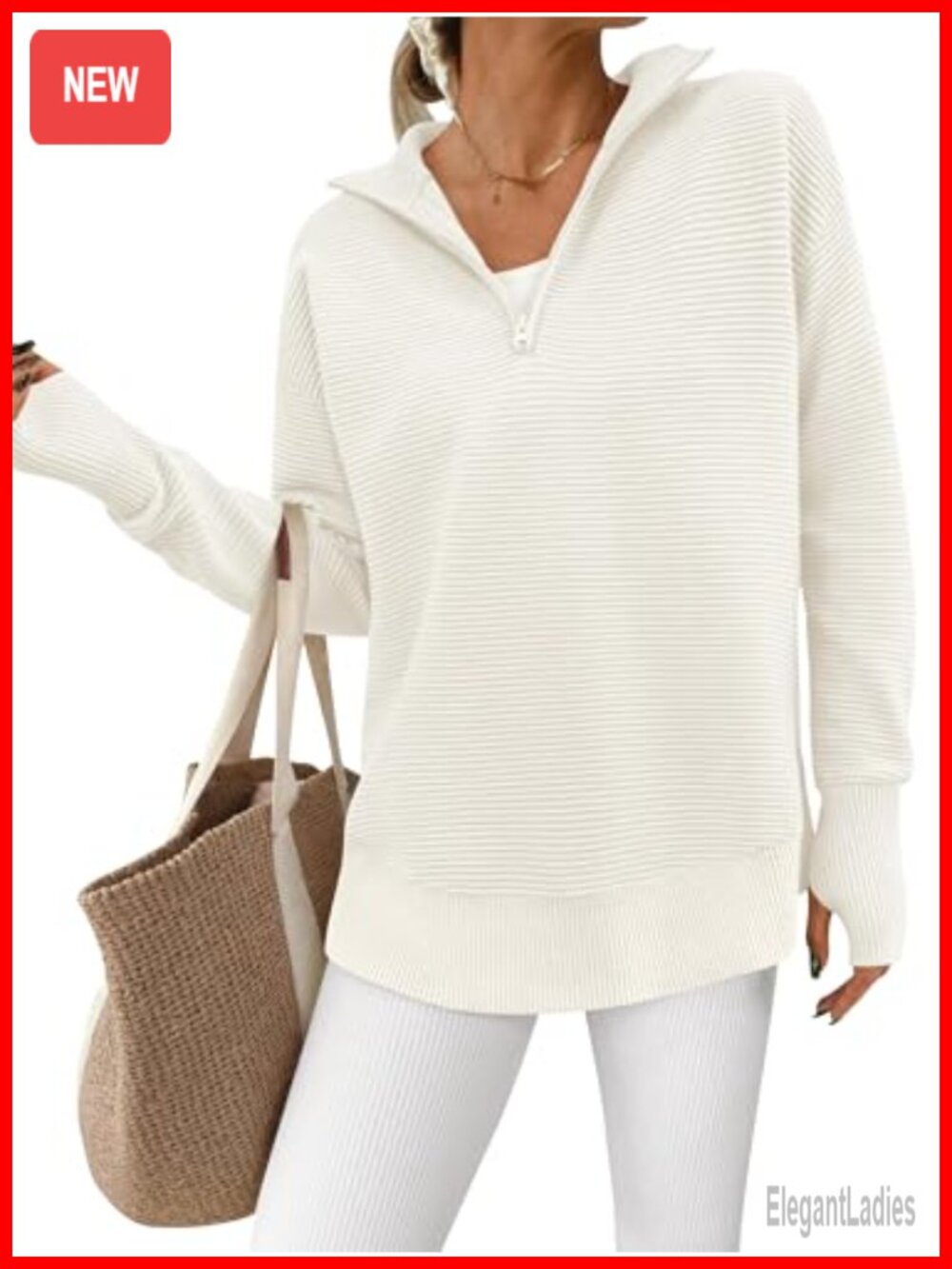 Long Sleeve Quarter Zip Pullover Sweater with Thumb Holes